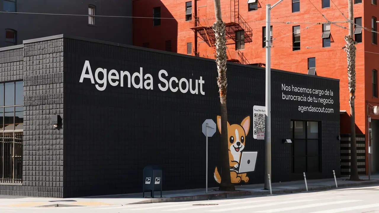 Fachada de la oficina de Agenda Scout, con el mural del local y un chihuahua en la banqueta.